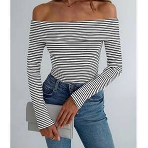 AUTOMET BLACK & WHITE STRIPE OFF-THE-SHOULDER TOP SZ.L EUC.  WORN ONLY 1X.